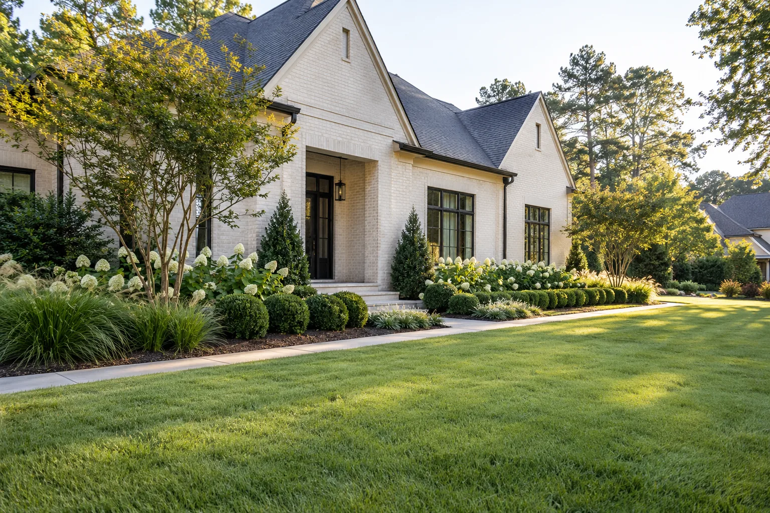 A modern front landscape with orderly evergreen planting.
