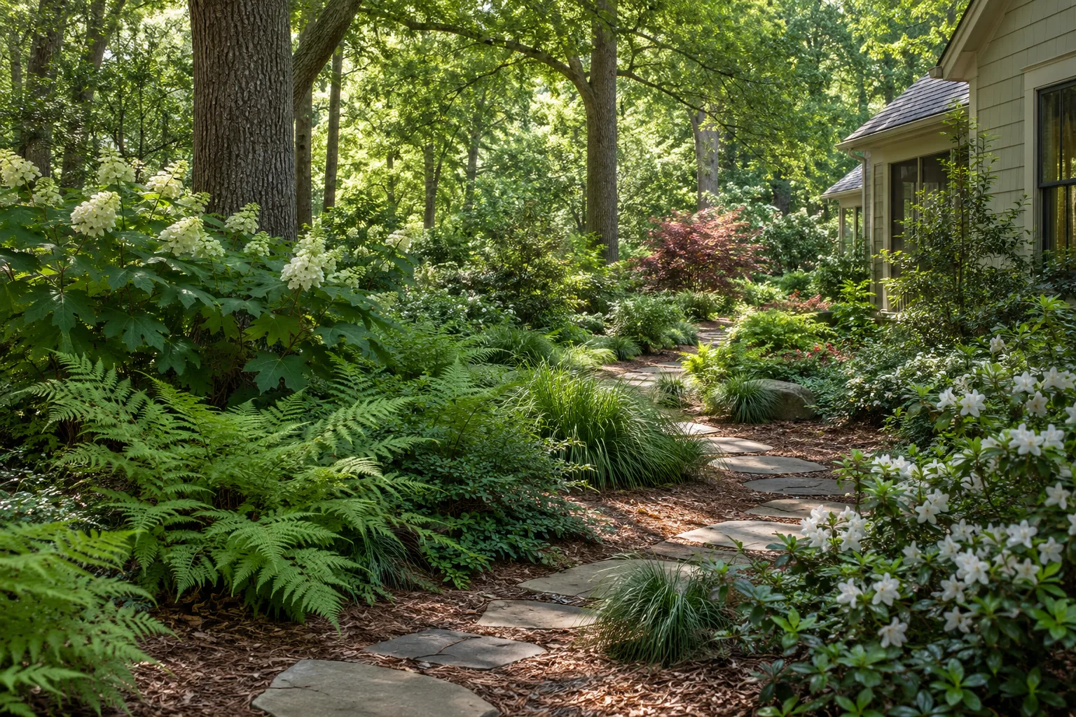 A naturalistic shady woodland garden with ferns and hydrangeas.