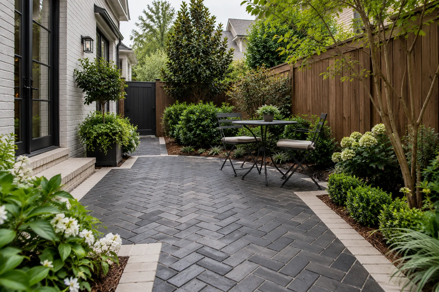 A small courtyard with charcoal herringbone pavers.
