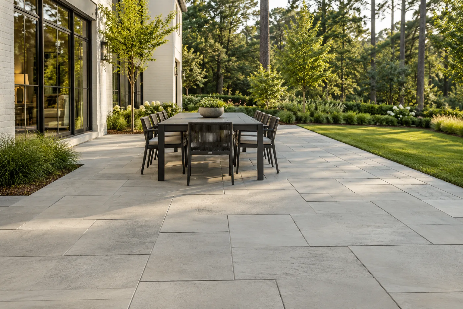 Large pale gray pavers in a modern rectangular patio.