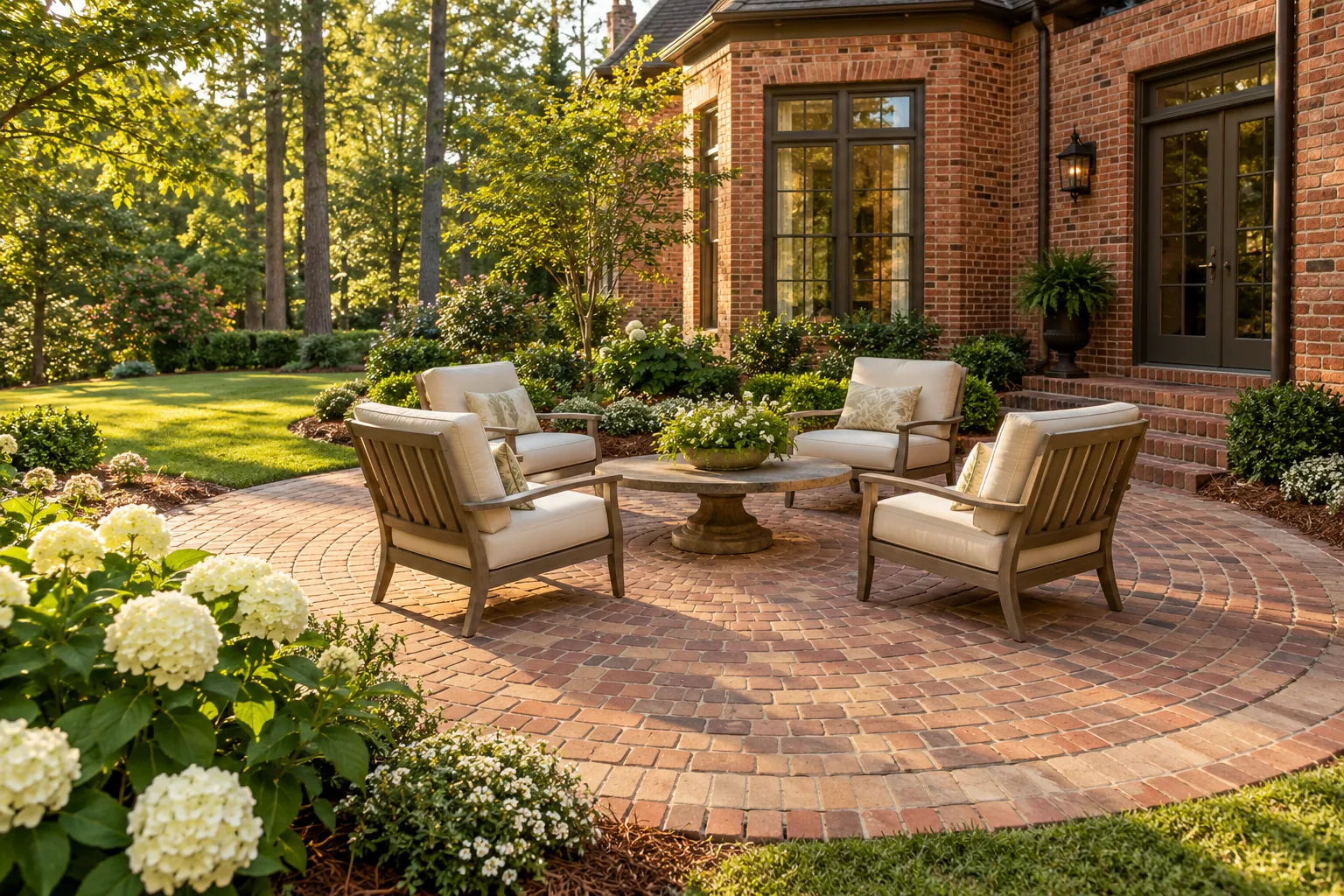 Warm tumbled pavers in a circular cottage patio.