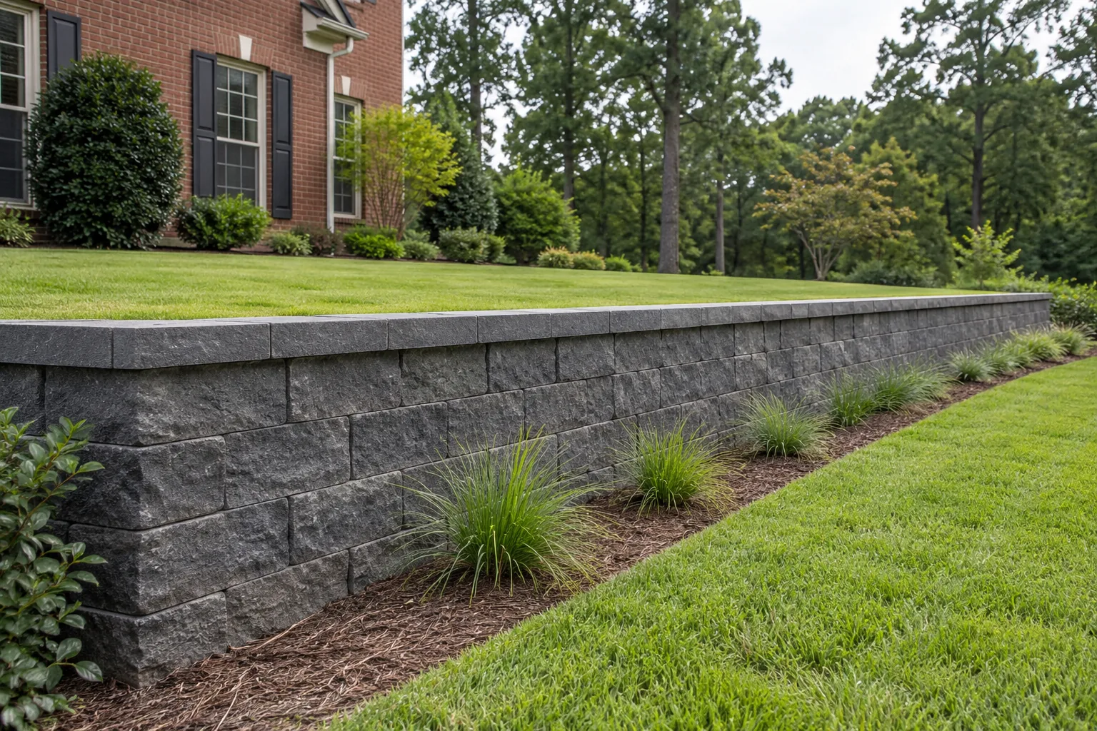 A low charcoal block retaining wall and clean lawn edge.