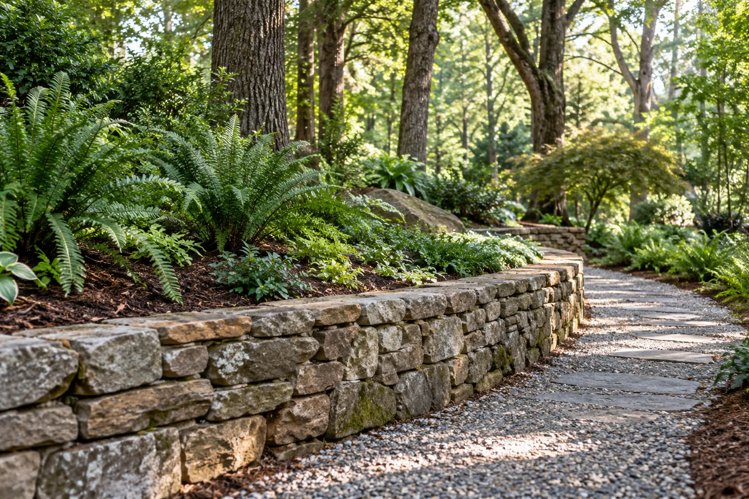 A weathered natural stone retaining wall in a wooded garden.