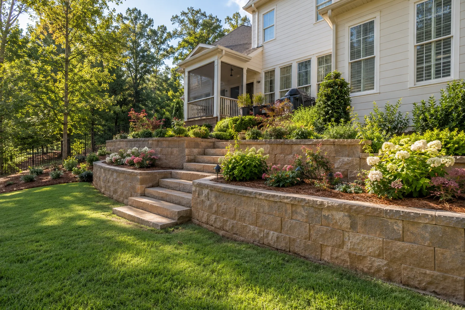 Stepped tan retaining walls with planting between levels.