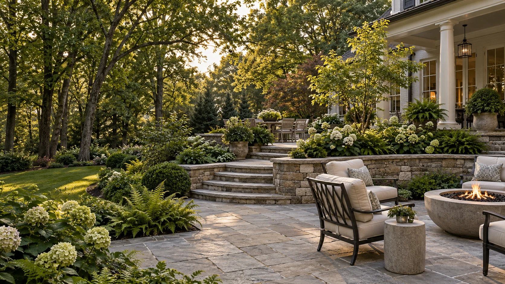 Illustrative outdoor living space with stone terraces, lush planting, and a welcoming patio