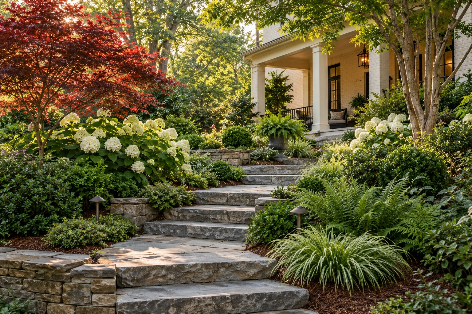 Illustrative landscaped garden with natural stone steps and layered planting