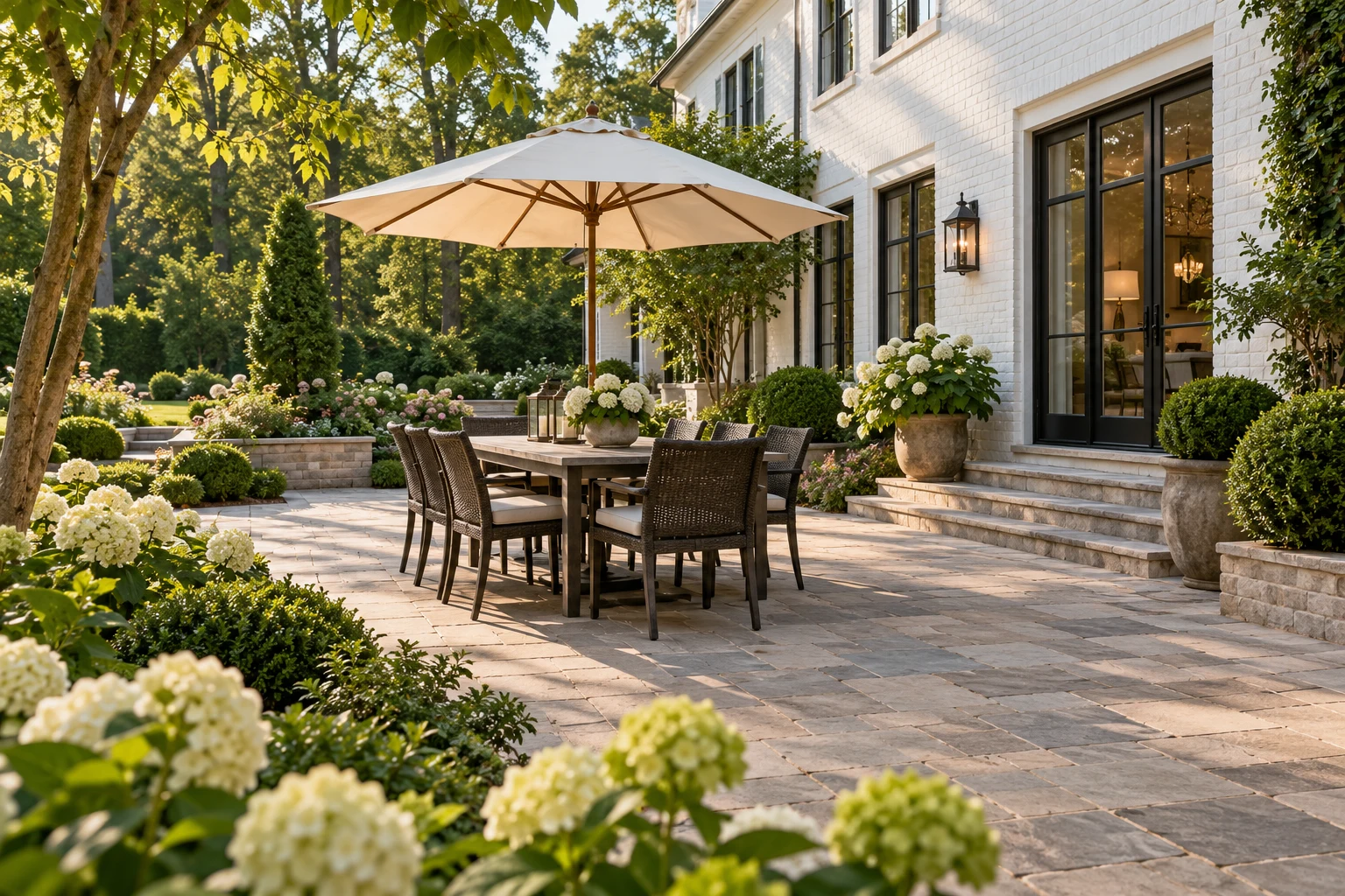 Illustrative paver patio with outdoor dining and garden borders