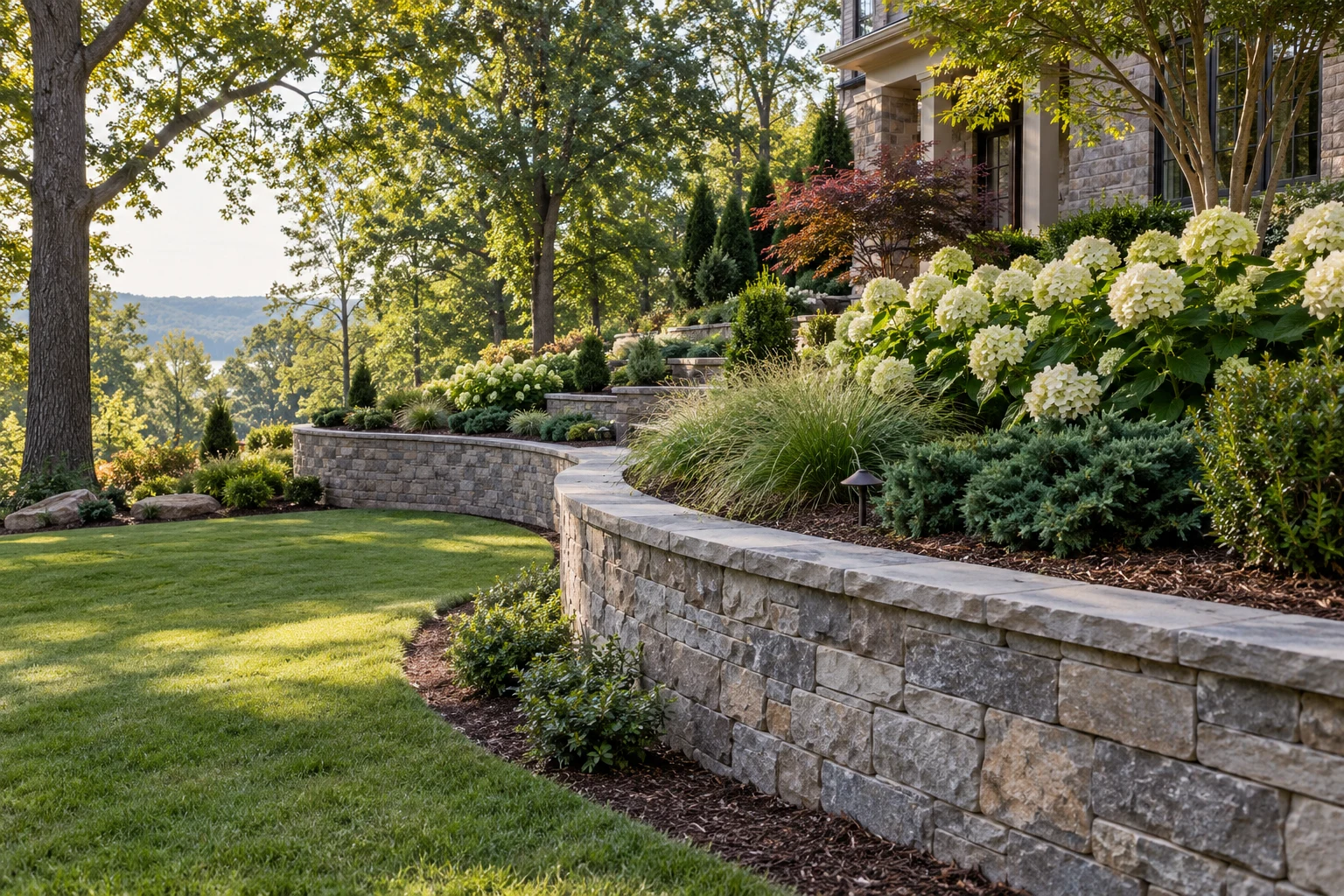 Illustrative stone retaining walls and planted terraces