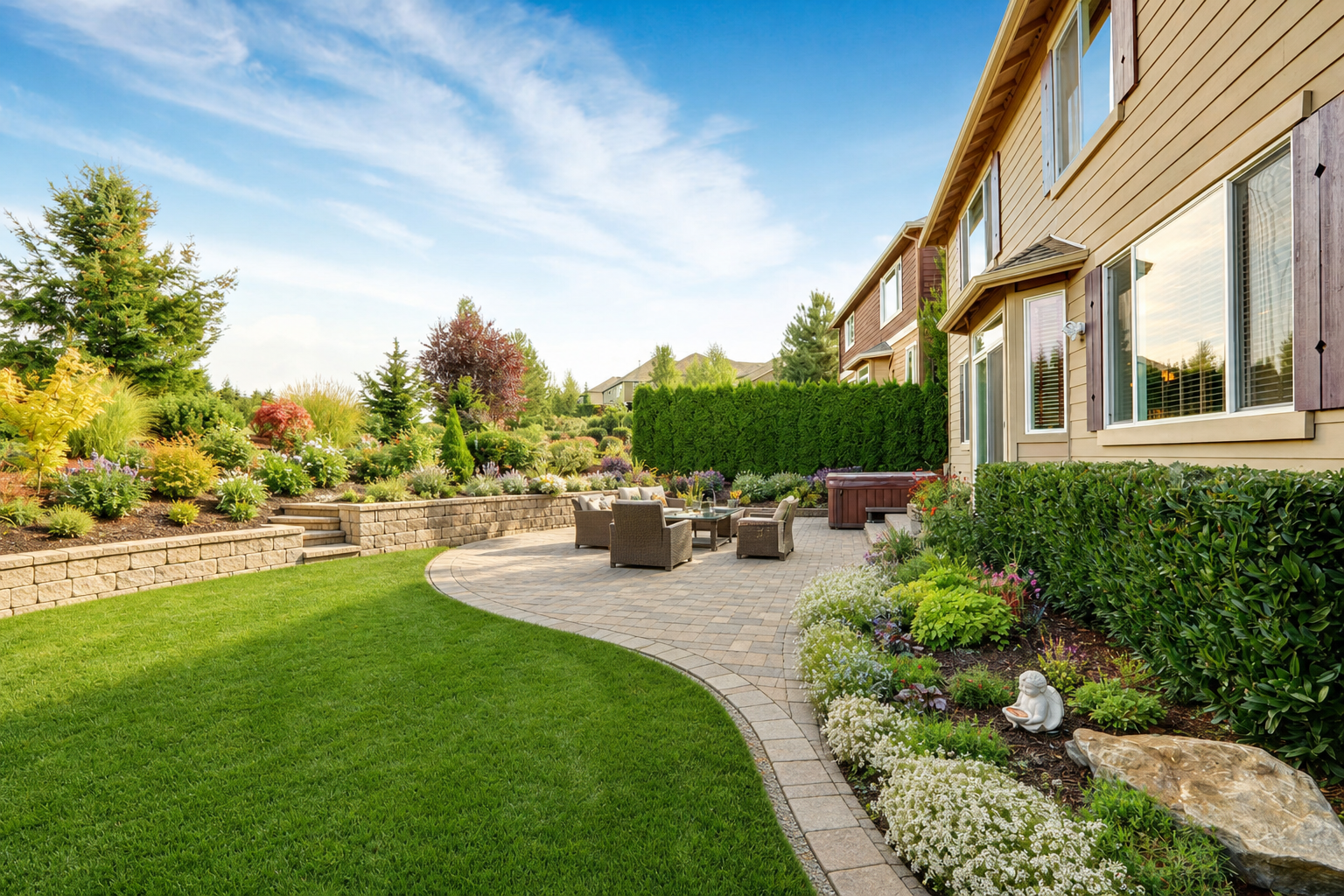 Design possibility for the same backyard with a curved paver patio and planted retaining wall