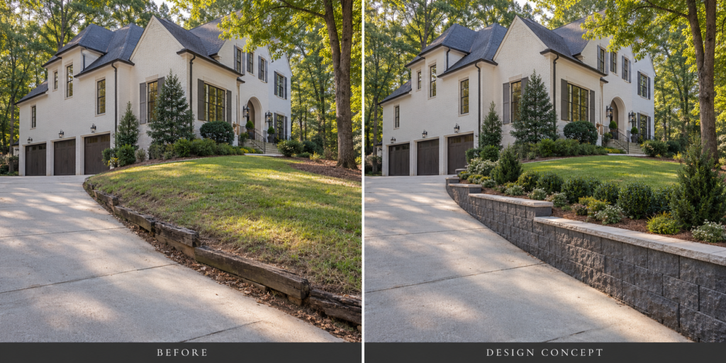 A Defined Driveway Edge: Before-and-after retaining walls example